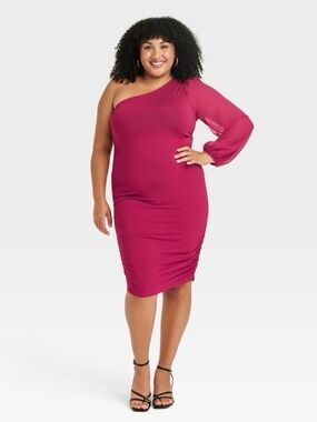 Ava & Viv Magenta One Shoulder Ruched Midi Dress NWT XXL